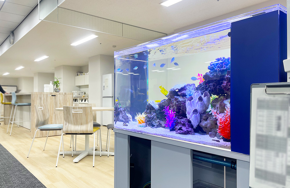 オフィスに設置された海水魚水槽と休憩スペースの風景