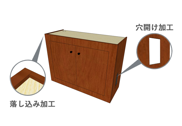 落し込み加工と穴開け加工を施した木製水槽台のイラスト