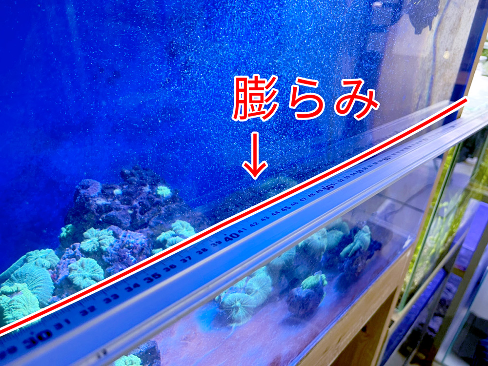 膨らみと書かれた文字と水槽正面アクリル板の歪み