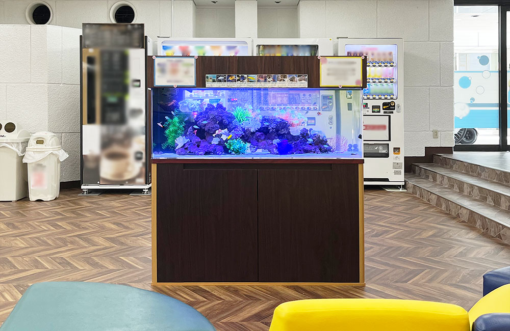 休憩室に設置された大型の海水魚水槽と自動販売機