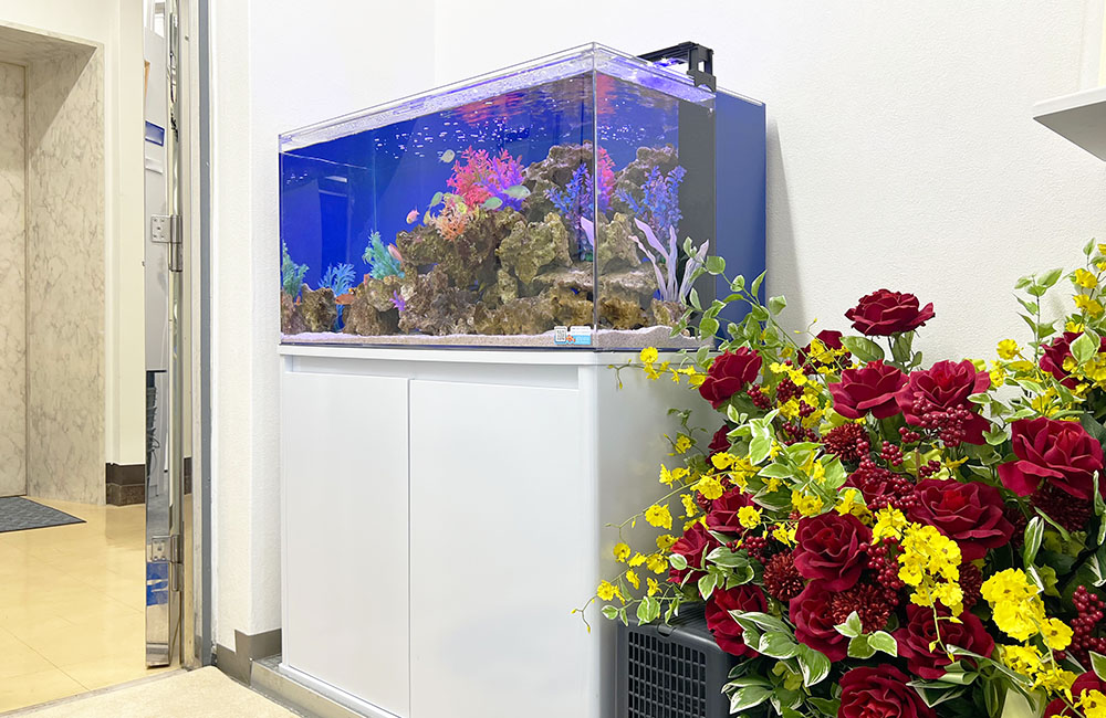 白い水槽台に設置された海水魚水槽と赤い造花の花瓶
