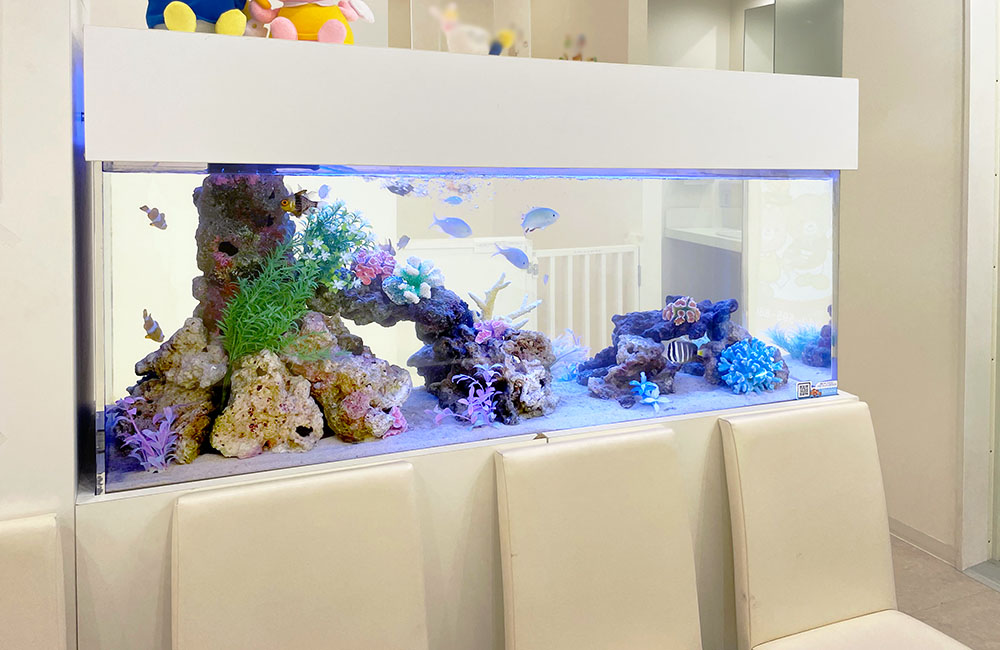 待合室の椅子背面に設置された横長な海水魚水槽