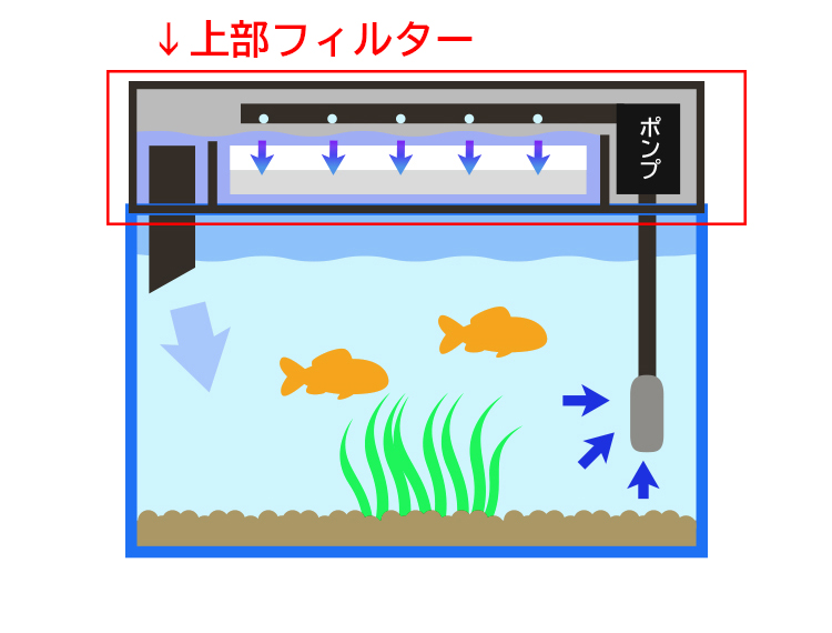上部フィルターの仕組みと水槽内の水の流れの解説図面