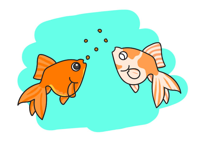 水面に浮く餌を食べる2匹の金魚のイラスト