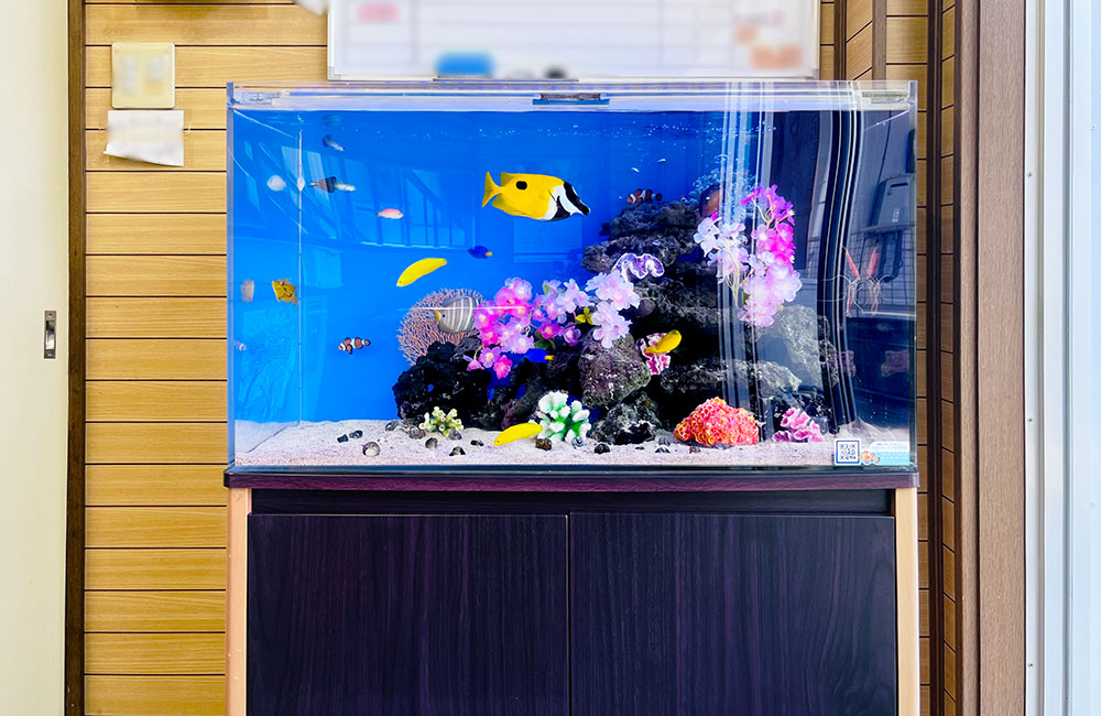 青い背景に黄色い海水魚と造花を飾った海水魚水槽