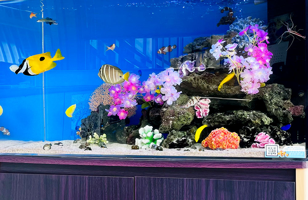 造花と岩で装飾された海水魚水槽を泳ぐ黄色い熱帯魚たち