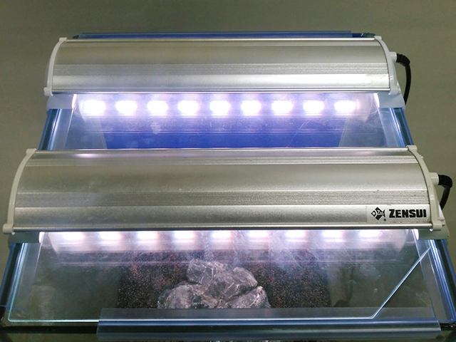 水槽の上部に設置された2台のシルバーのLEDライト