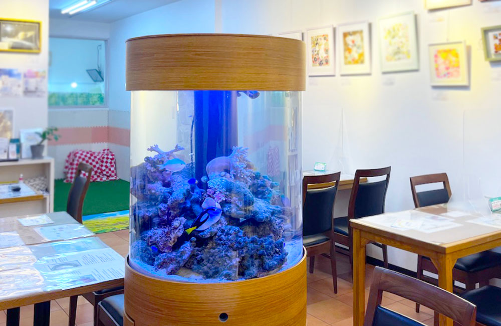 飲食店に設置された円柱型の海水魚水槽と店内の風景
