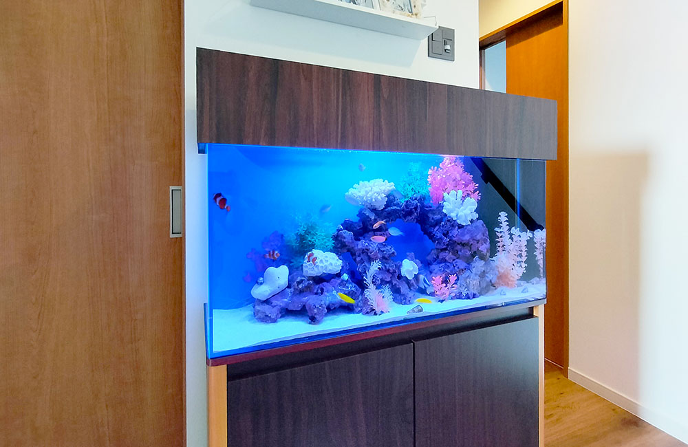 木目調キャビネットに設置された海水魚水槽とサンゴの装飾