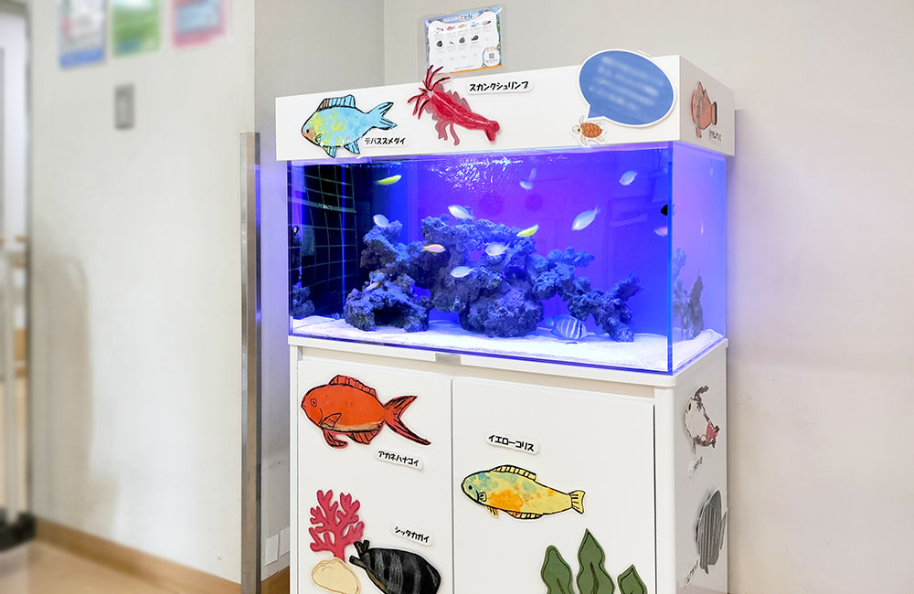 魚のイラストが装飾された海水魚水槽と白い水槽台