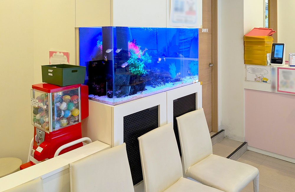 待合室に設置された青い照明の大型熱帯魚水槽と白い椅子