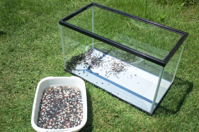 芝生の上に置かれた空のガラス水槽と砂利入りの白い桶
