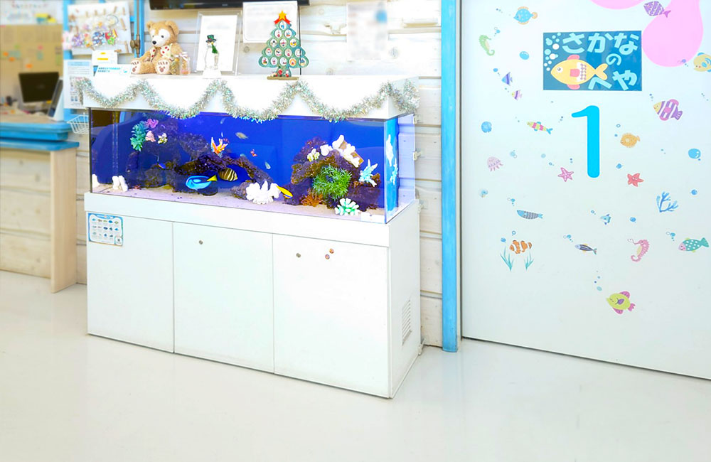 クリスマス装飾を施した白い水槽台と海水魚水槽