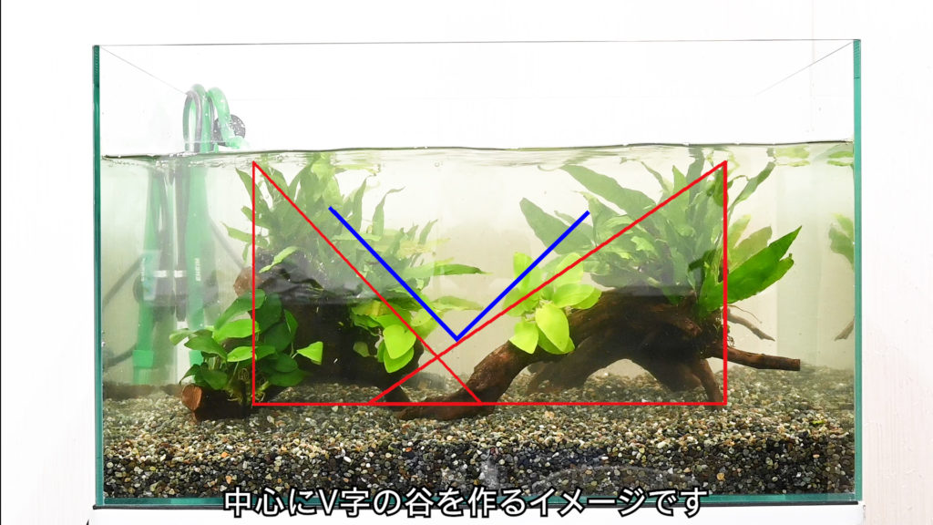 中心にV字の谷を作るイメージの水槽レイアウト画像