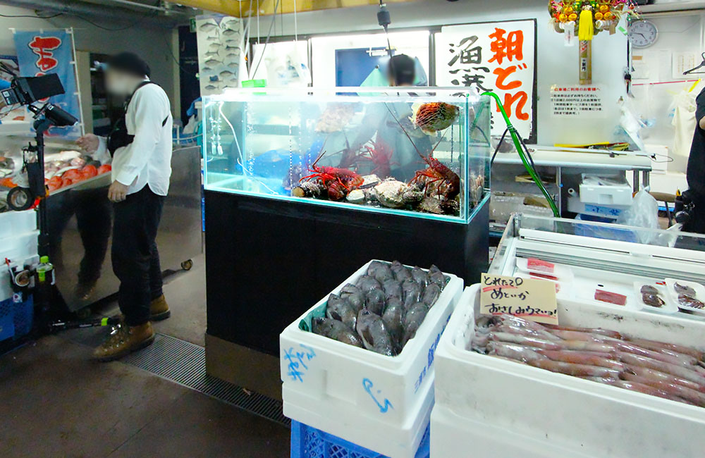 鮮魚店に設置された伊勢海老入りの活魚水槽と並ぶ魚介類