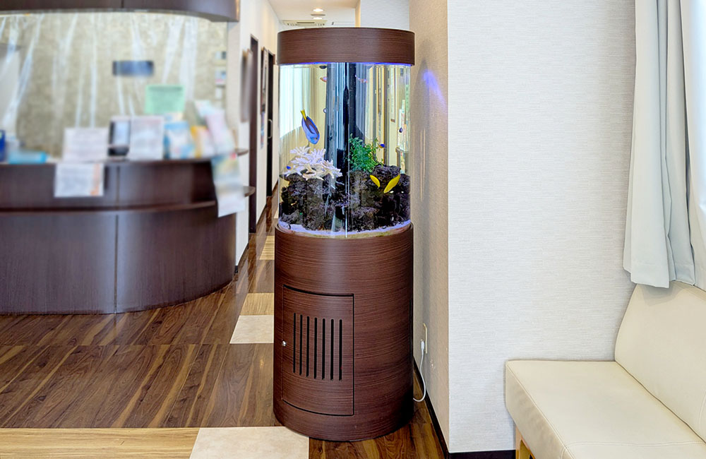 待合室に設置された円柱型の海水魚水槽と木目調の台座