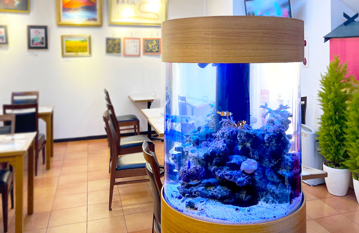 飲食店に設置された円柱型の海水魚水槽と店内の風景