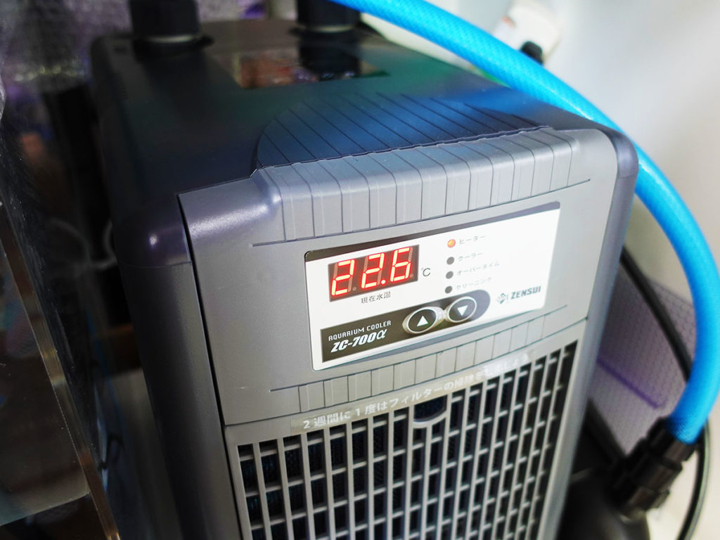 水温22.6度を表示する水槽用クーラーと青いホース