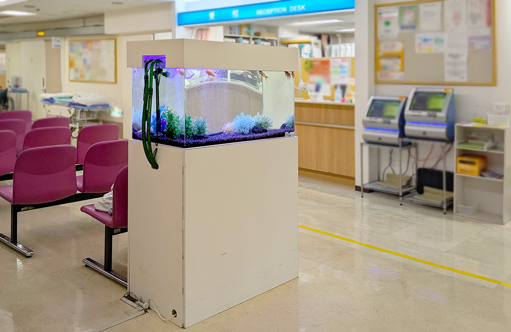 病院の待合室に設置された金魚が泳ぐ白い水槽台の水槽
