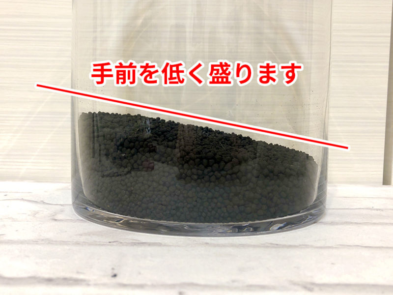 手前を低く盛りソイルを敷いた円柱状のガラス容器