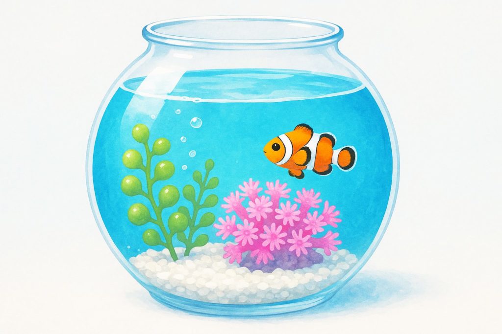 丸い金魚鉢で泳ぐクマノミとピンクのサンゴのイラスト