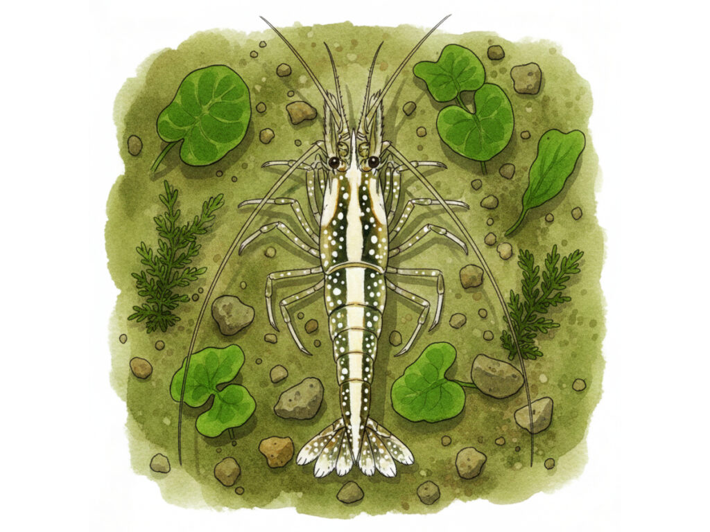 水草と小石に囲まれたエビのイラスト画像