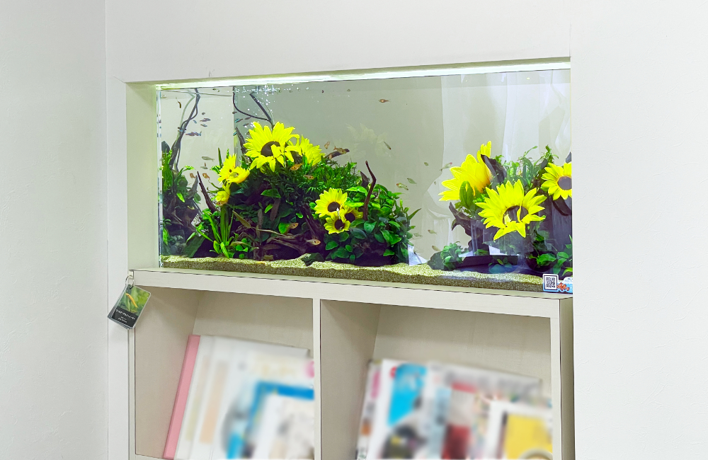 ひまわりと緑の植物が配置された水槽